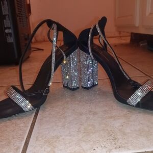 Elegant Black and Silver Rhinestone Women's Heels, Size 10, Brand Name Olivia